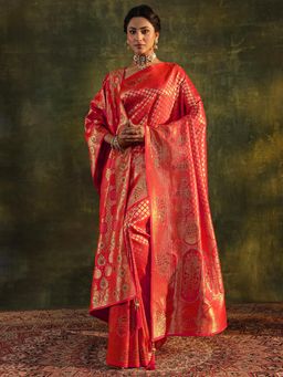 Libas - Red Woven Bandhani Design Saree with Unstitched Blouse and Dupatta