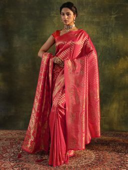 Libas - Pink Woven Bandhani Design Saree with Unstitched Blouse and Dupatta