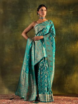 Libas - Teal Floral Woven Design Saree with Unstitched Blouse and Dupatta