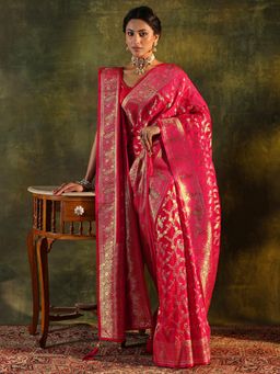 Libas - Red Floral Woven Design Saree with Unstitched Blouse and Dupatta
