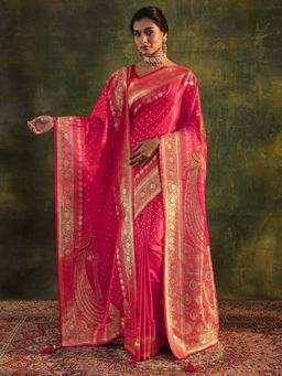 Libas - Red Woven Stone Work Saree with Unstitched Blouse and Dupatta