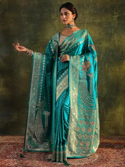 Libas - Teal Woven Stone Work Saree with Unstitched Blouse and Dupatta