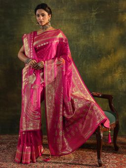 Libas - Pink Woven Stone Work Saree with Unstitched Blouse and Dupatta