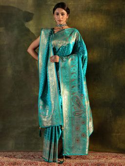 Libas - Teal Woven Stone Work Saree with Unstitched Blouse and Dupatta