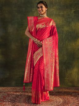 Libas - Red Woven Stone Work Saree with Unstitched Blouse and Dupatta