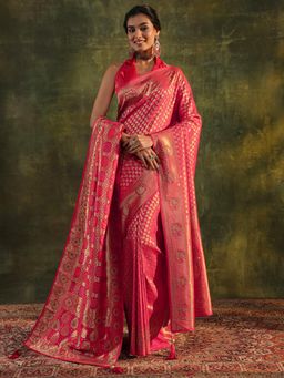 Libas - Pink Woven Embellished Stone Work Saree with Unstitched Blouse and Dupatta