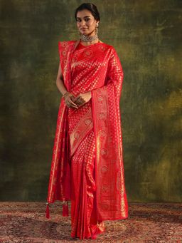 Libas - Red Woven Embellished Stone Work Saree with Unstitched Blouse and Dupatta