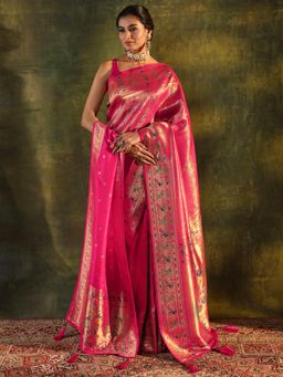 Libas - Pink Woven Embellished Stone Work Saree with Unstitched Blouse and Dupatta