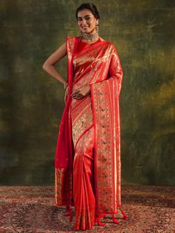 Libas - Red Woven Embellished Stone Work Saree with Unstitched Blouse and Dupatta