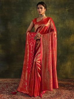 Libas - Red Woven Embellished Stone Work Saree with Unstitched Blouse and Dupatta