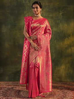 Libas - Pink Woven Embellished Stone Work Saree with Unstitched Blouse and Dupatta