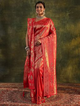 Libas - Red Woven Embellished Stone Work Saree with Unstitched Blouse and Dupatta