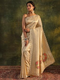 Libas - Golden Handloom Floral Stone Work Saree with Unstitched Blouse