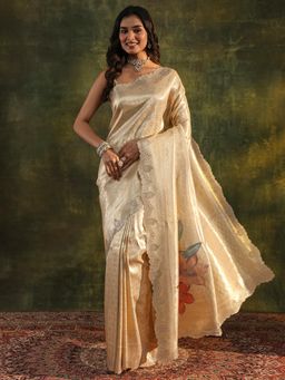 Libas - Golden Handloom Floral Stone Work Saree with Unstitched Blouse