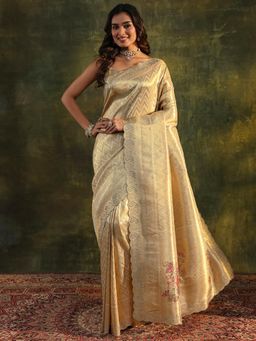 Libas - Golden Handloom Floral Stone Work Saree with Unstitched Blouse