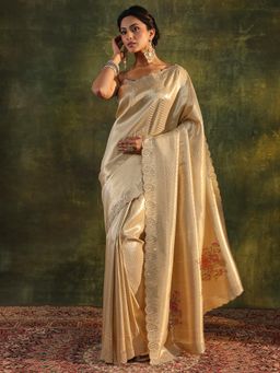 Libas - Golden Handloom Floral Stone Work Saree with Unstitched Blouse