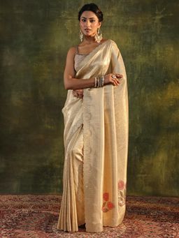 Libas - Golden Handloom Floral Stone Work Saree with Unstitched Blouse