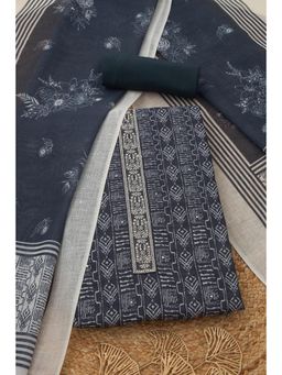 Soch - Charcoal Linen Printed Unstitched Kurta with Bottom and Dupatta