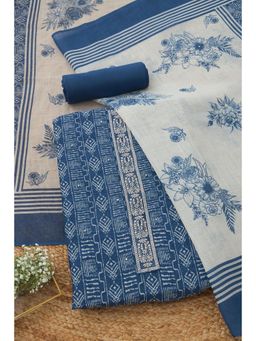 Soch - Indigo Linen Printed Unstitched Kurta with Bottom and Dupatta
