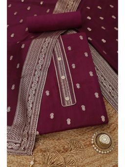 Soch - Wine Silk Blend Zari Woven Unstitched Kurta with Bottom and Dupatta