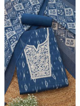 Soch - Indigo Linen Ikat Printed Unstitched Kurta with Bottom and Dupatta