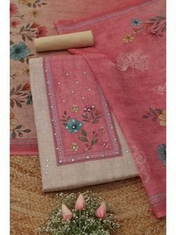 Soch - Pink-Beige Floral Mirror Work Unstitched Kurta with Bottom and Dupatta