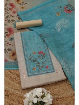 Soch - Blue-Beige Floral Mirror Work Unstitched Kurta with Bottom and Dupatta