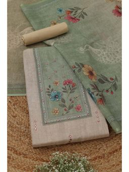 Soch - Green-Beige Floral Mirror Work Unstitched Kurta with Bottom and Dupatta