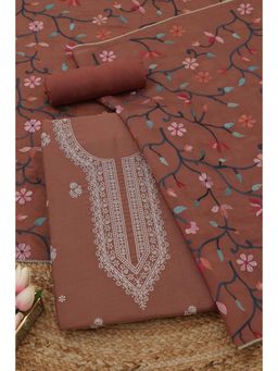 Soch - Brown Floral Zari Embroidered Unstitched Kurta with Bottom and Dupatta