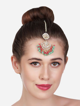 Zaveri Pearls - Pink & Green Cluster Beads Drop Bridal Kundan Maangtikka-ZPFK13566