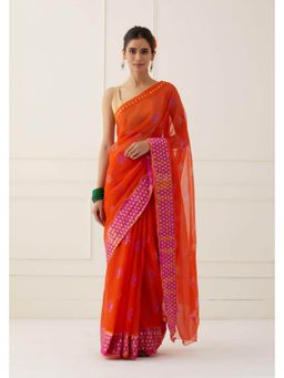 Sutra Attire - Orange Hand Bandhani Chiffon Saree with Unstitched Blouse