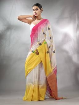 CHARUKRITI - White Cotton Handspun Handwoven Saree with Ikkat Design & Unstitched Blouse