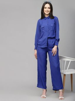 Style Quotient - Women Solid Cobalt Blue Polyester Relaxed Semi Formal Co Ord (Set of 2)
