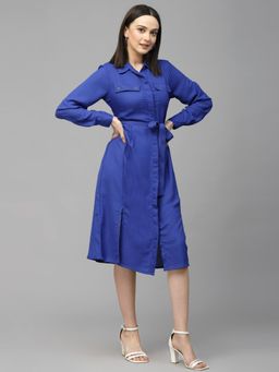 Style Quotient - Women Solid Cobalt Blue Polyester Regular Smart Casual Shirt Dress.