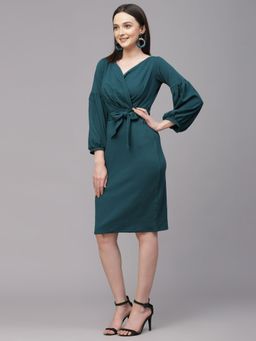Style Quotient - Women Solid Teal Wrap Style Knee Length Bodycon Dress