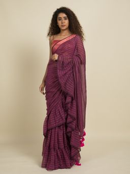 Suta - Pink Zari Stripes Ruffle Saree