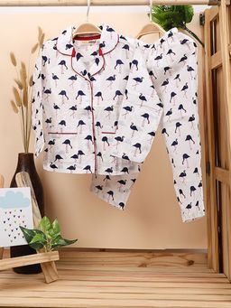 Moms Home - Unisex Navy Blue Printed Jhabla with Pyjama (Set of 2)