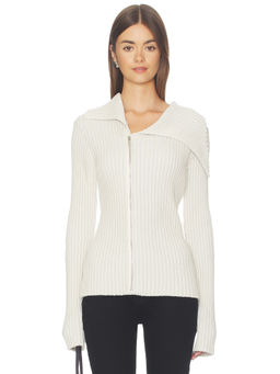 1XBLUE - Rib Zip Knit Women's Asymmetrical Zip Rib Knit Top White