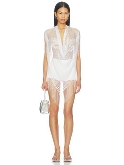 1XBLUE - Upcycled Lace Women's Sheer Fringe Poncho Top White