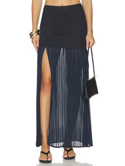 4th & Reckless - Lucian Women's Pleated Side Slit Maxi Skirt Navy Blue