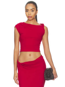 4th & Reckless - Sofi Women's Asymmetrical Sleeve Jersey Knit Crop Top Red