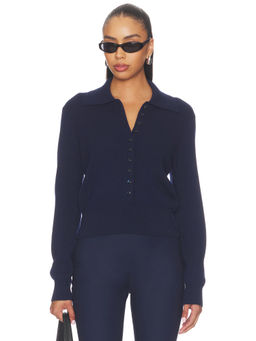 525 - Millicent Extended Placket Women's Ribbed Collared Knit Top Navy Blue