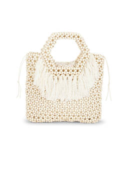 8 Other Reasons - Beaded Wooden Top Handle Tote Bag White