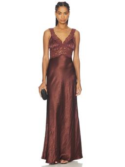 Arcina Ori - Eveline Women's Lace Trim Satin Maxi Dress Brown