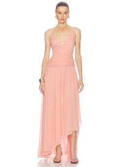 Arcina Ori - Chiffon Women's Ruched V-Neck Maxi Dress Peach