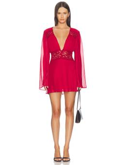 Arcina Ori - Fiona Women's Lace Detail Plunging Neck Mini Dress Red
