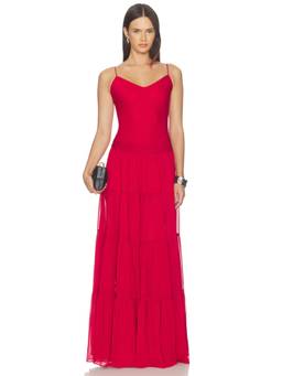 Arcina Ori - Delphina Women's Tiered Chiffon Shoulder Straps Maxi Dress Red