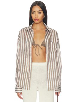 ALL THE WAYS - Minnie Women's Semi-Sheer Striped Button-Down Shirt Brown