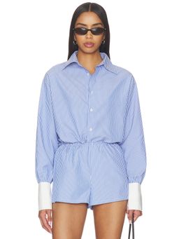 ALL THE WAYS - Lucinda Women's Striped Contrast Cuff Button-Down Shirt Blue