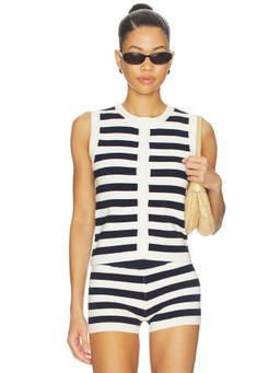 ALL THE WAYS - Eleanor Women's Striped Ribbed Knit Button-Down Top Navy Blue